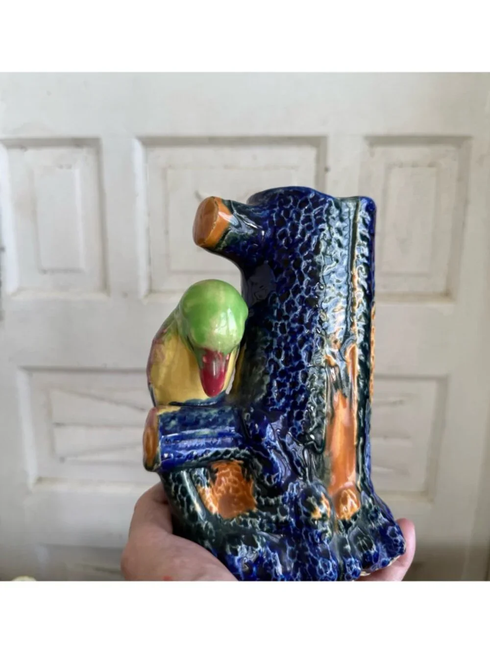Vintage 50's Japan Blue Tree Stump Vase King Fisher Bird Vase Whimsical